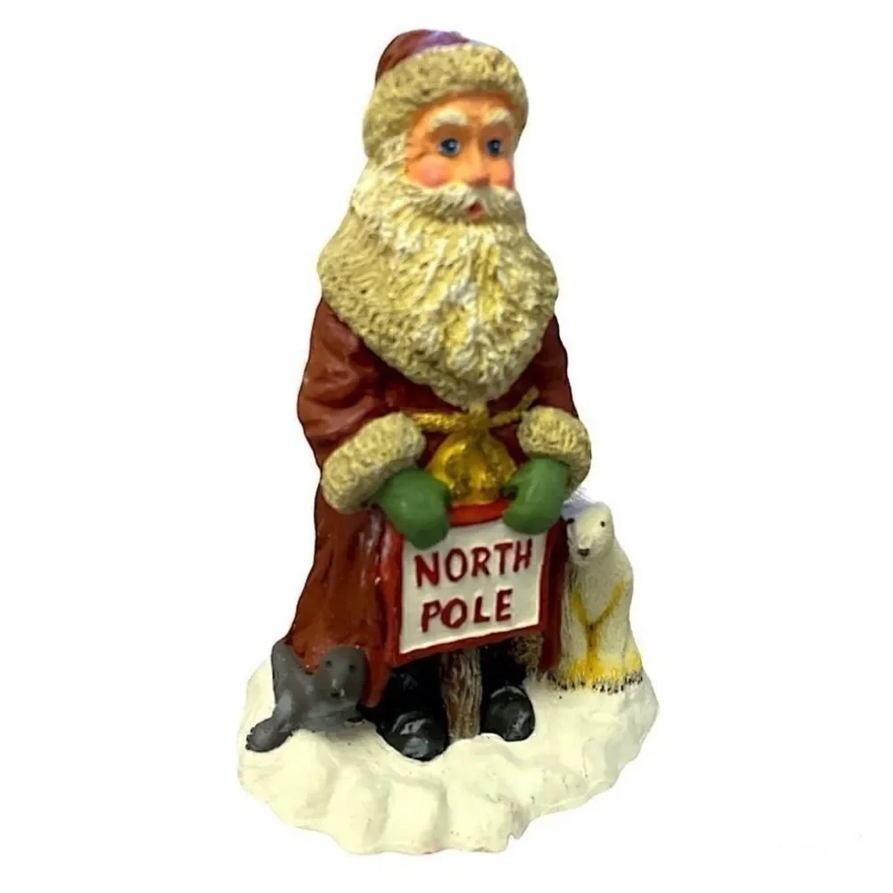 Vintage Hand painted and signed Santa & Polar bear, Bill Davis 1997 Pecan Resin